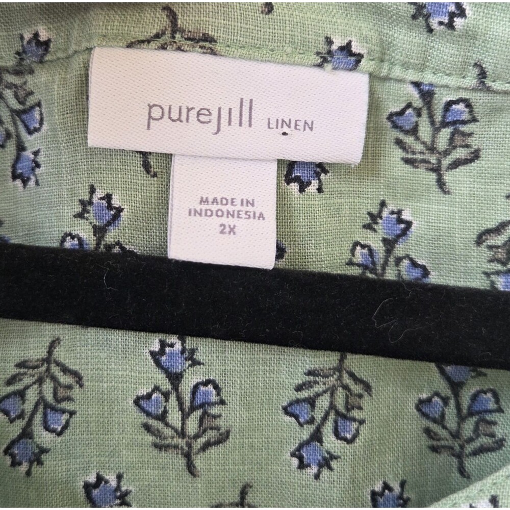 PURE JILL Green Floral 100% Linen Henley Tunic Top 2X PLUS Popover Sleeveless - Picture 4 of 6